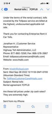 "Do Not Reply" email from their Toll representative.