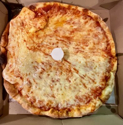 Delicious, large pie with extra cheese!! The GrubHub driver didn't have it level and the cheese slid but it was nice n hot! YUM