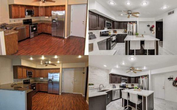 Kitchen repaint, tile flooring, lighting and island build. Countertops were done by a different business.