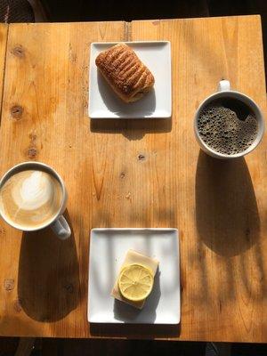 Vanilla latte, dairy-free/gluten free lemon tart, black coffee, croissant