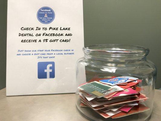 If you Check In on Facebook at our office while at an appointment here, we will give you a $5 for a local treat!