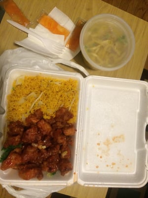 "General Tso" chicken, "veggie fried rice," & chicken noodle soup