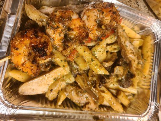 Loaded Rasta pasta with steak,chicken, and shrimp