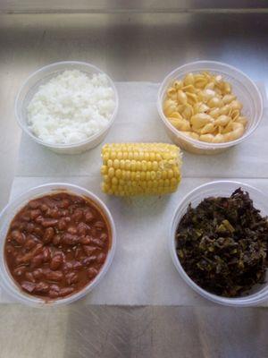 Corn on the cob collard greens pinto beans mac and cheese white rice