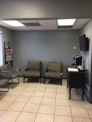 Newly remodeled waiting room for customers to be able to be productive during their wait. Coffee & work stations, charging ports, etc.