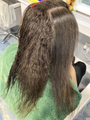 After treatment with flat iron to rebound texture.