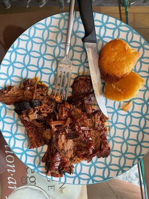 Small (but good!) honey corn bread, and the pot roast with bbq sauce on it... which was 70% fat.