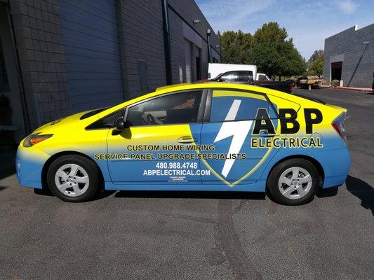 Custom Designed Wrap for a 2010 Prius for ABP Electrical.