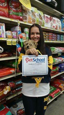 This is Kippy's graduation from obedience school. The classes offered are helpful, professional, and affordable.