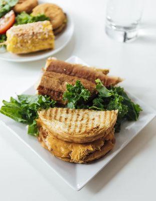 Chicken and cheese sandwich with Mexican street corn (elote) for lunch