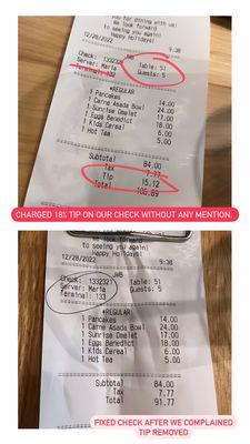 unauthorized 18% tip on check without any mention.