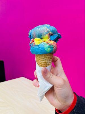 Superman ice cream on sugar cone