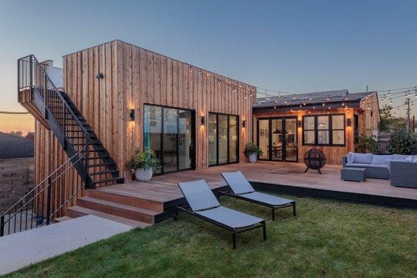 Santa Monica Master Bedroom with stairway leading to rooftop deck.