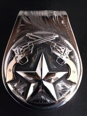 Rogelio's Designs Engraver & Silversmith: Money clip, two pistols and lonestar, sterling silver, hand engraved.