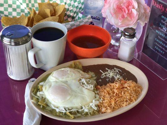 Chilaquiles available in red or green sauce with two fried eggs or shredded chicken!