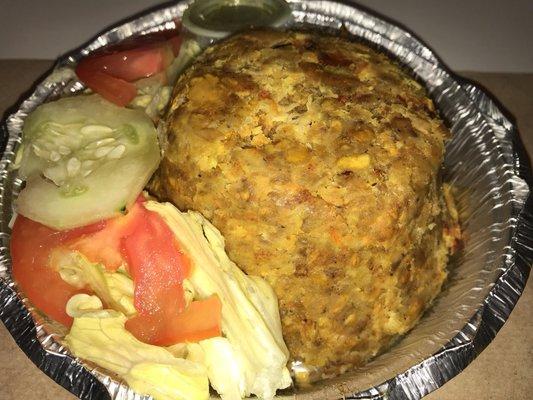 My Mofongo with chicken and side salad. Delicious! $7