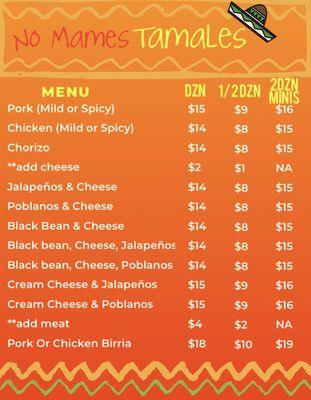 Tamale Flavors and pricing