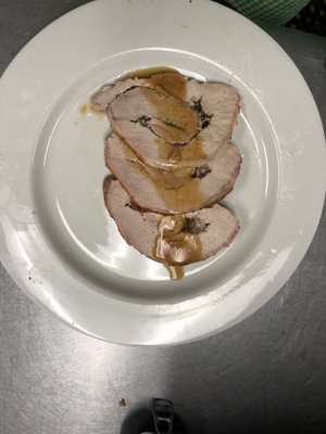 Butterflied Center Cut Pork Loin w Chopped Walnuts, Raisins, fresh rosemary and natural pan Au Jus  Friday Night Feature