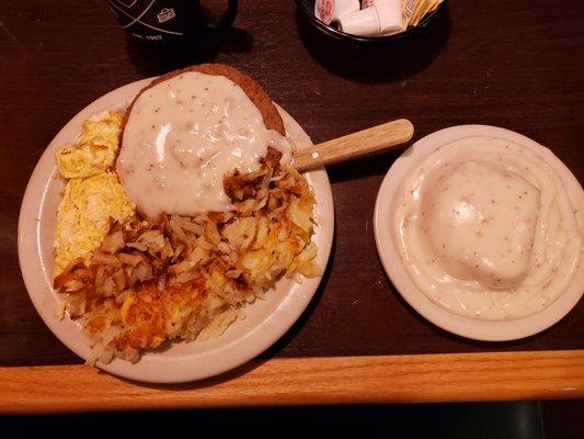 Chick fried steak, scrambled eggs, hashbrowns, biscuits & gravy