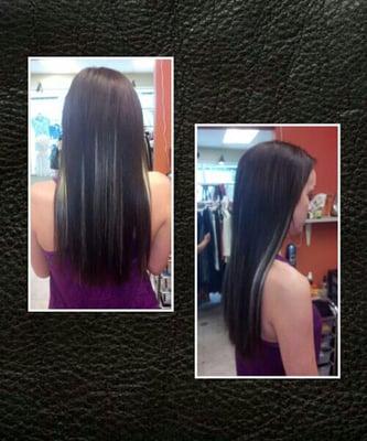 Sewn In hair extensions with Peek-A-Boo highlights.