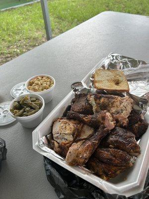 Whole chicken dinner with Mac and cheese and green beans