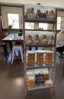 Cheese straws, brittle, and indoor seating