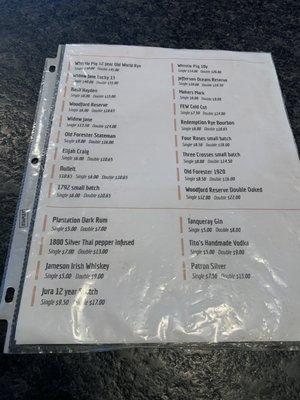 Spirits menu