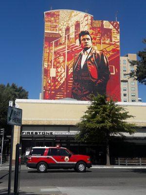 Mural with fire truck in foreground