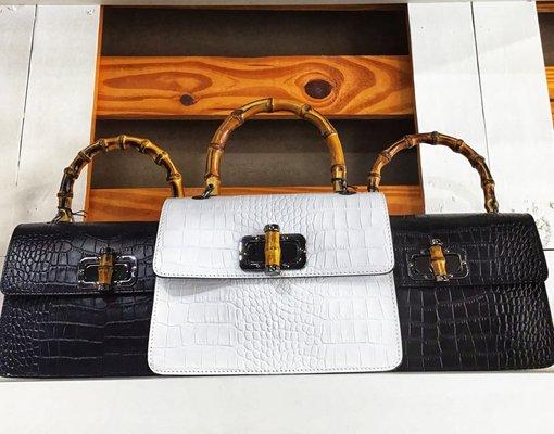 Genuine leather and bamboo handbag