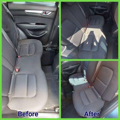 Before and After Upholstery Cleaning for Mazda CX-5 Back Seat View: Baby Seat Crumb area is vacuumed well and left spotless