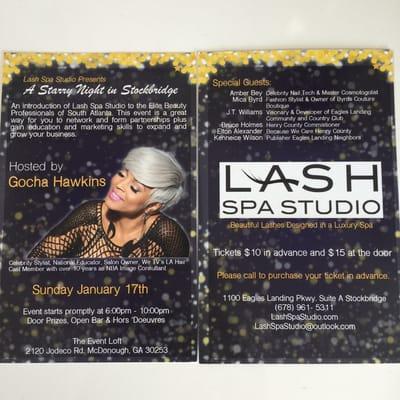 Jan 17th 6PM join us as special guest A Starry Night in Stockbridge @lashspastudioatstockbridge @gochasalon! Call (678) 961-5311 tickets.