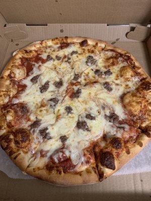 Small pizza with onions and hamburger