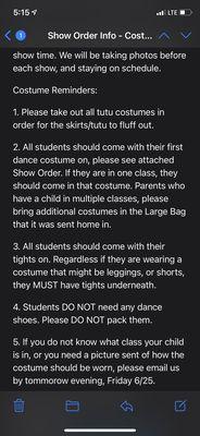 email stating not to bring the girls dance shoes