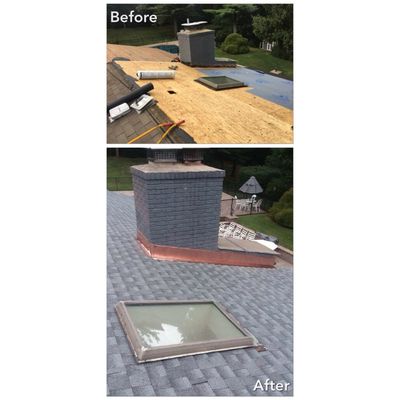 New roof replacement and copper chimney flashing installed in Brookville, NY