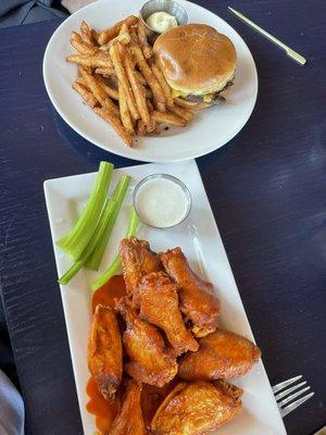 Burger and fries and Buffalo wings