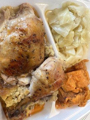 Thursday Baked Chicken and Dressing with yams and cabbage