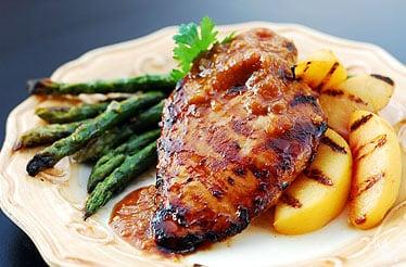 Peach Bourbon Chicken with Garlic Asparagus Spears