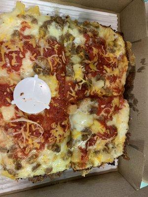 My expensive cheeseburger pizza. Very salty and thus is my second order from this location. Definitely this pizza is not worth the price.