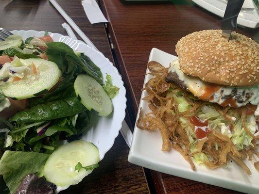 Juicy Lucy burger and salad