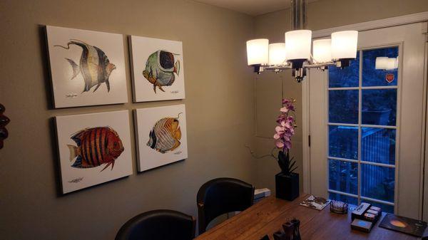 Here are the four pieces from Alex Gupton's "Fish" series that we placed on our wall, as soon as they arrived.   Absolutely Love them!