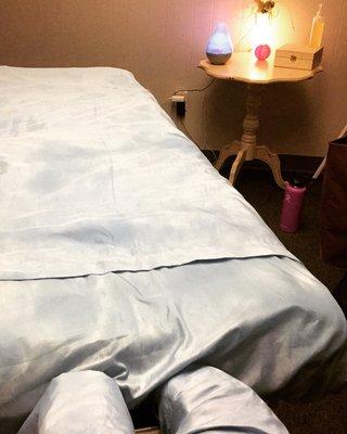 Massage table with some aromatherapy from Young Living