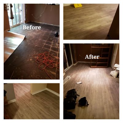 Basement floor replacement. Vinyl self adhesive square flooring replaced with Vinyl adhesive planks.