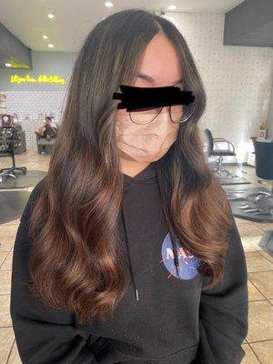 This was after the cut and color! (Lifted what we could of both box dyes + significantly less frizz)