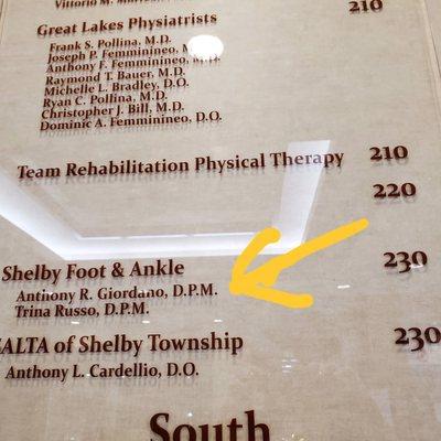 Shelby Foot & Ankle is located on the 2nd floor in Suite 230 of the Shelby Macomb Medical Mall.    6/14/2023