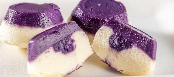 A bestseller! Hybrid dessert of puto (rice cake) and ube flan with ube jam filling.