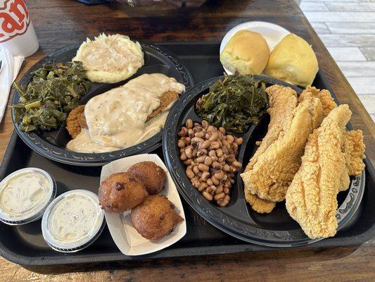 On the right Catfish dinner with greens and pinto beans, on the top country fried steak with greens and mashed potato!