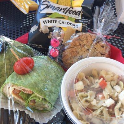 Sandwich, pasta, popcorn, cookie and dinner mints