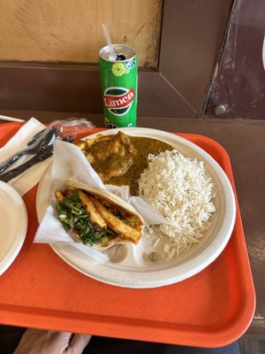 Lunch special, methi chicken with rice and paneer taco. $12