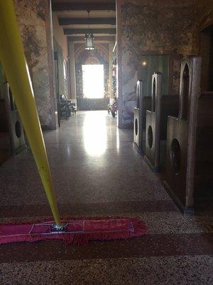 Janitorial cleaning of a mausoleum.  Cleaning and replenishing 4 restrooms, maintenance sinks etc.