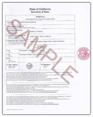 California apostille example, by the California Secretary of State,  Los Angeles Office.